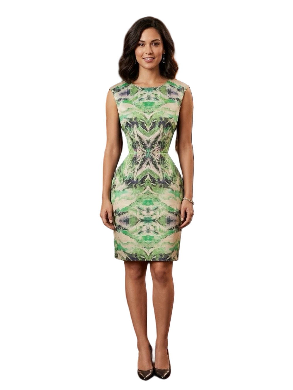 Suzi Chin for Maggy Boutique Green Multicolor Printed Sheath Midi Dress Size 8